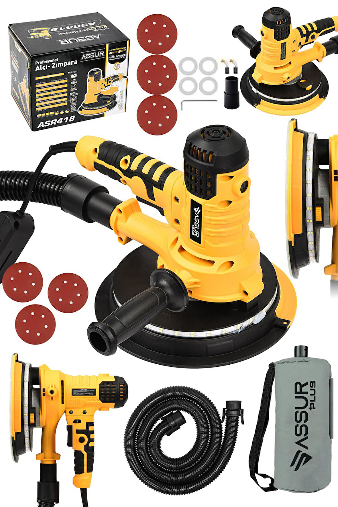 Assur Plus 360'Ledli 850W Pro Alçıpan Zımpara Makinası Toz Emmeli
