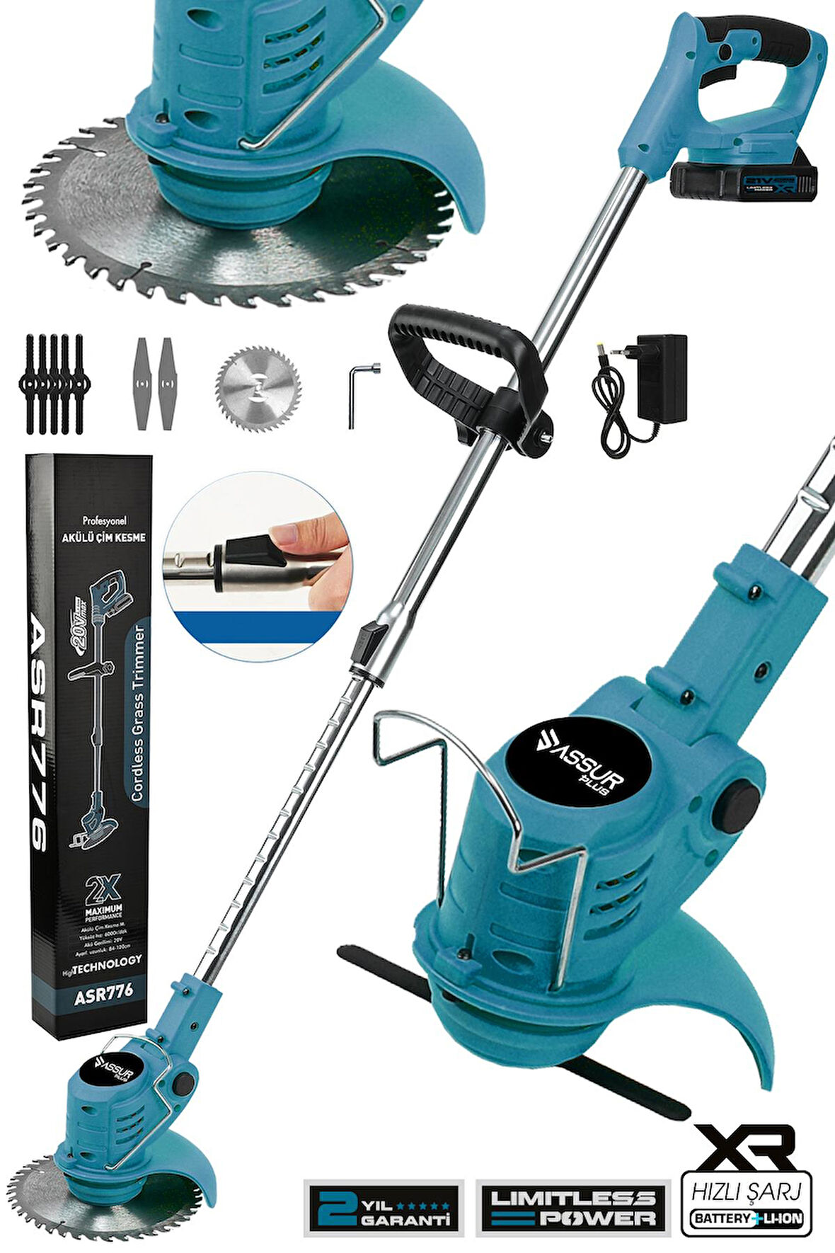 Assur Plus 21V Çift Akü Uzatma Kollu Çim Çalı Ot Biçme Tırpanı