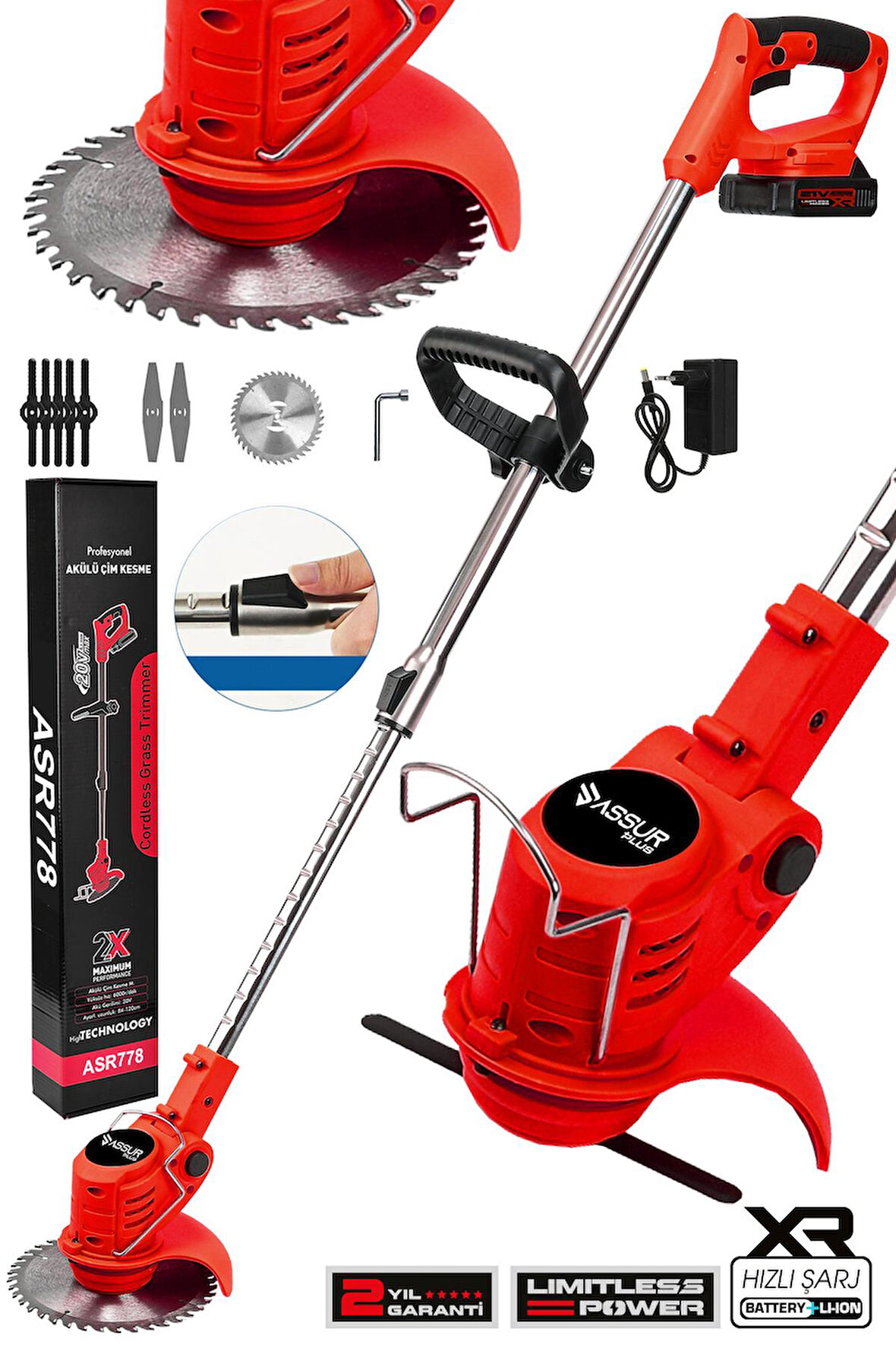 Assur Plus 21V Çift Akü Uzatma Kollu Çim Çalı Ot Biçme Tırpanı