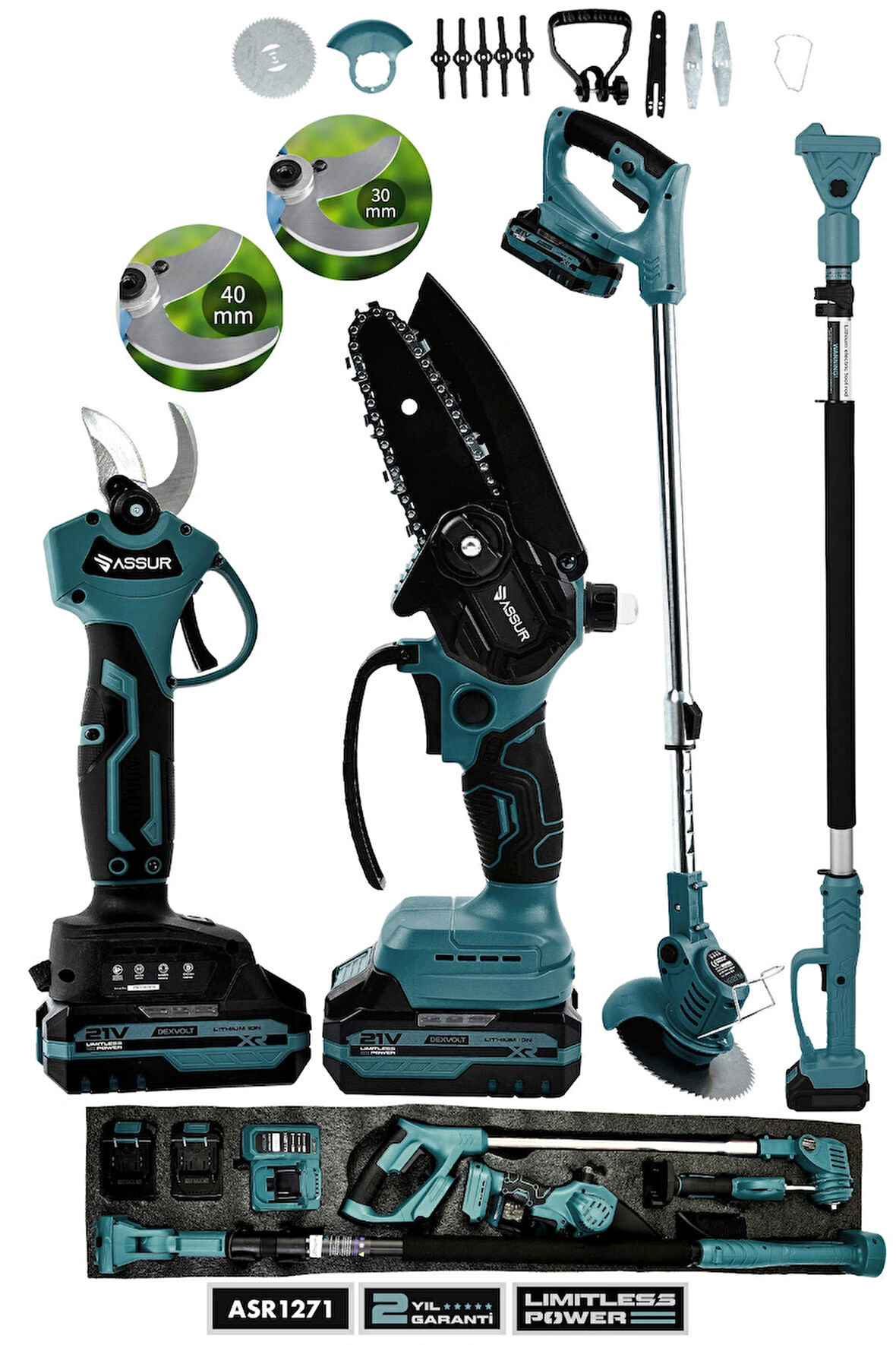 Assur Profesyonel 4'lü Set 21V Teleskopik Bağ Makası & Çim Biçme Makinesi & Budama Testeresi