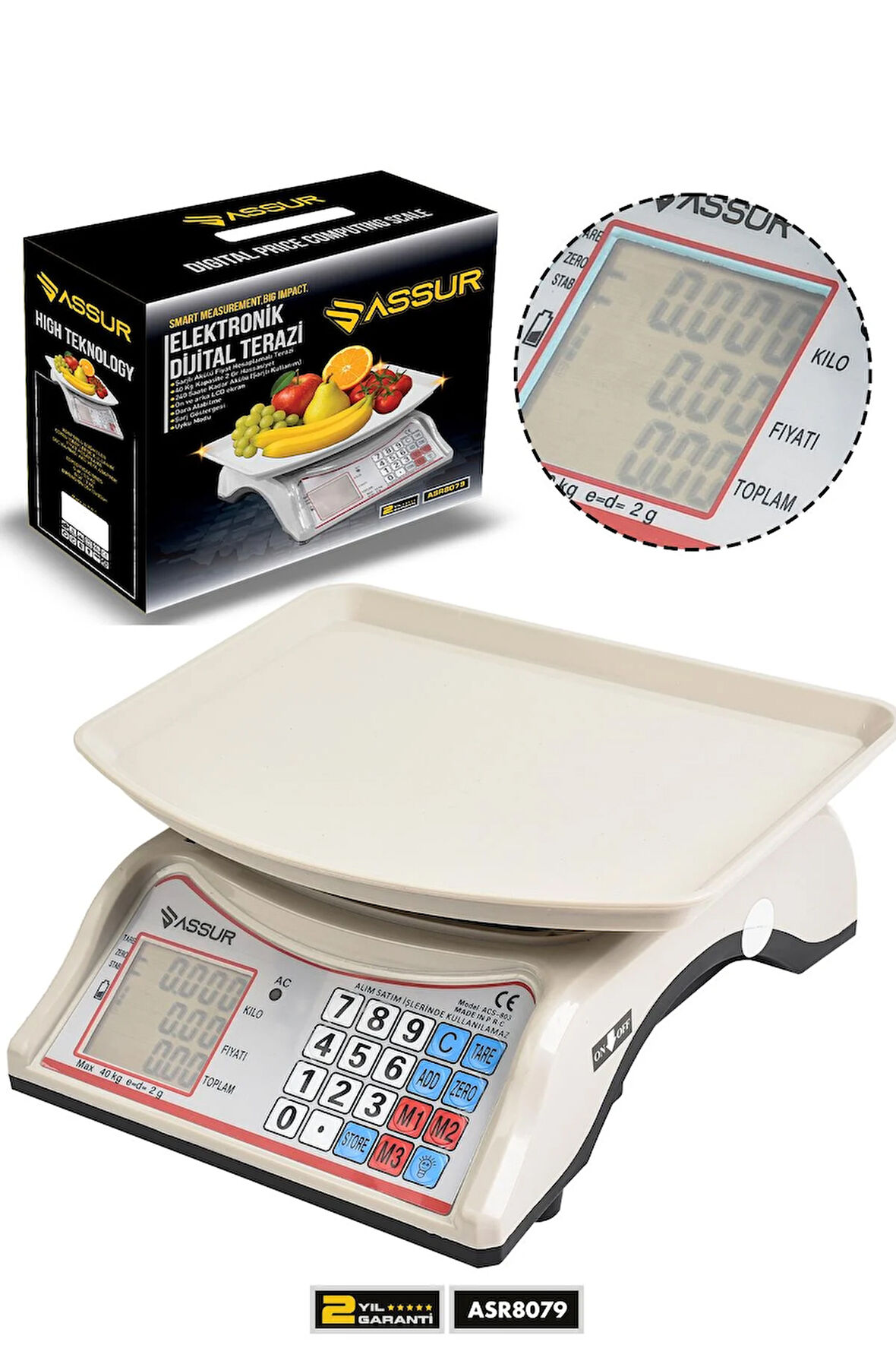 Assur Akülü Dijital Mutfak Terazisi 2 Gr 40 Kg Şarjlı Hassas Ölçüm Tartı Hassas Terazi