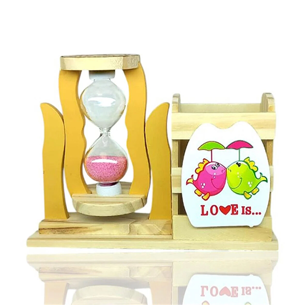 Ahşap Balıklı Pembe Kum Saatli Kalemlik