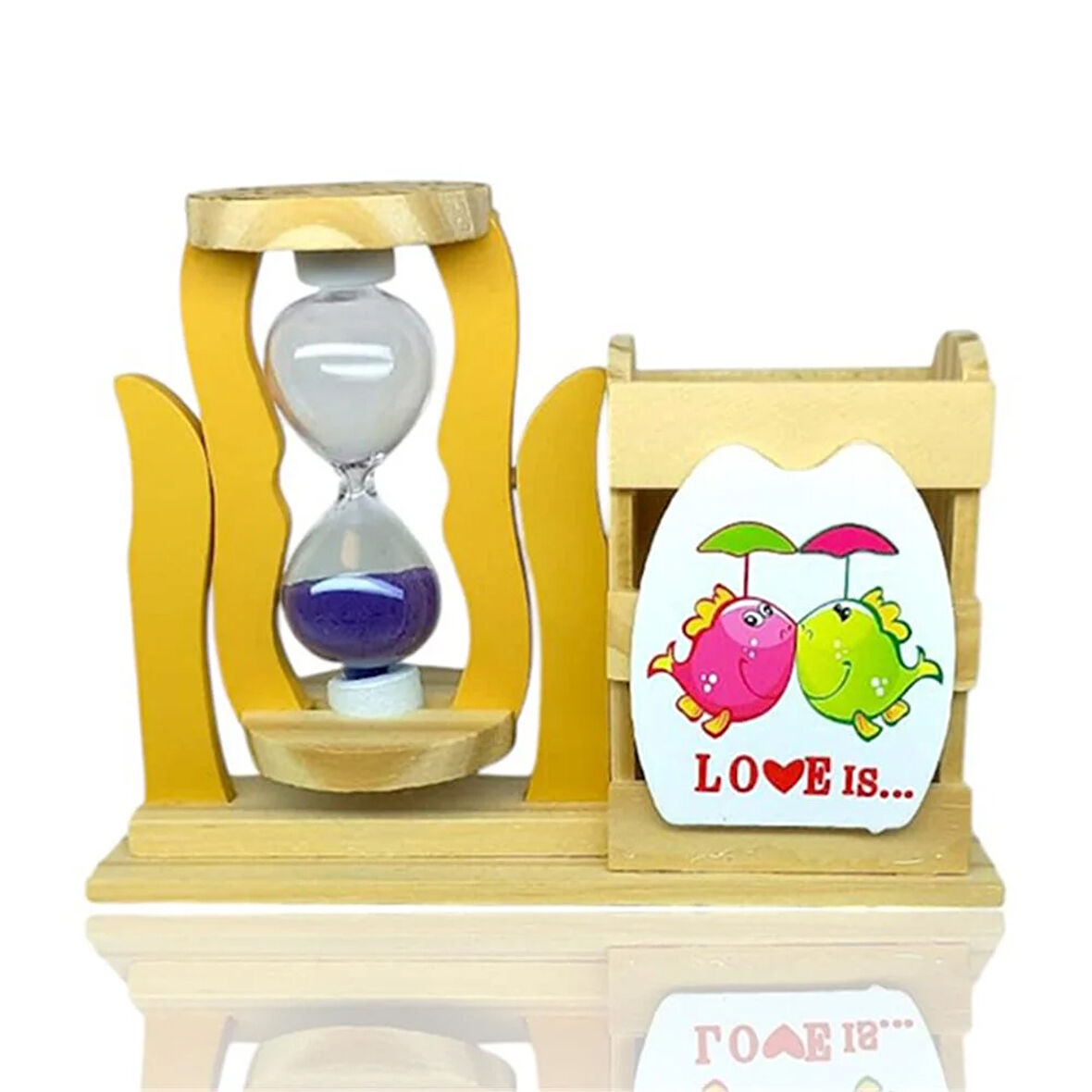 Ahşap Balıklı Mor Kum Saatli Kalemlik