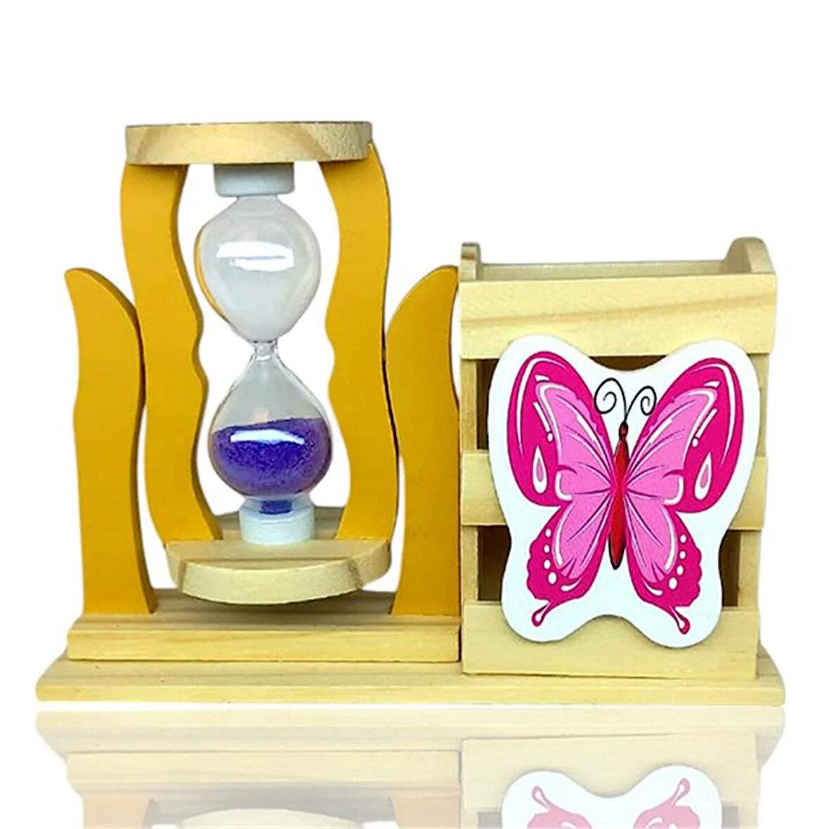 Ahşap Kelebekli Mor Kum Saatli Kalemlik