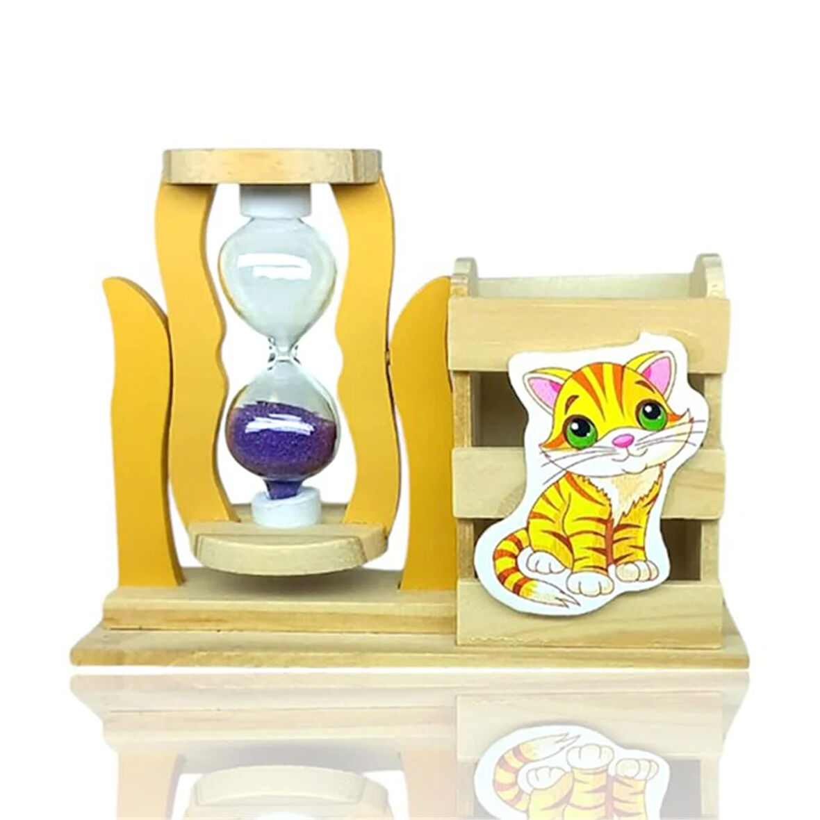 Ahşap Kedili Mor Kum Saatli Kalemlik