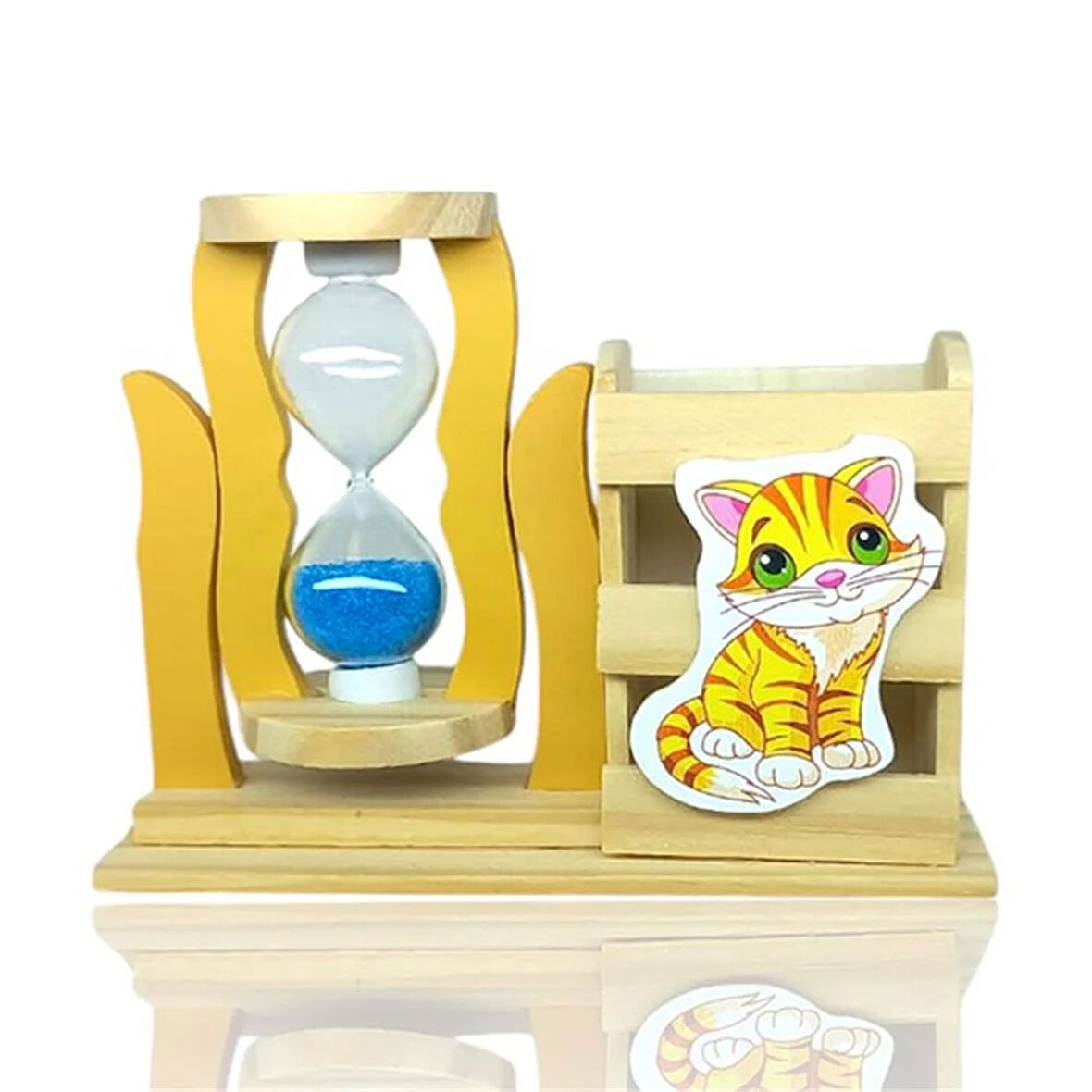 Ahşap Kedili Mavi Kum Saatli Kalemlik