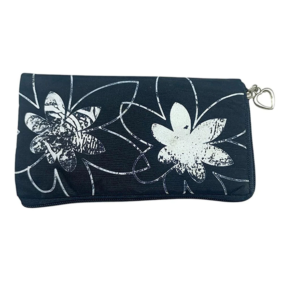 Bozuk Para Cüzdanı Anahtarlık Siyah Renk Çiçek Desenli