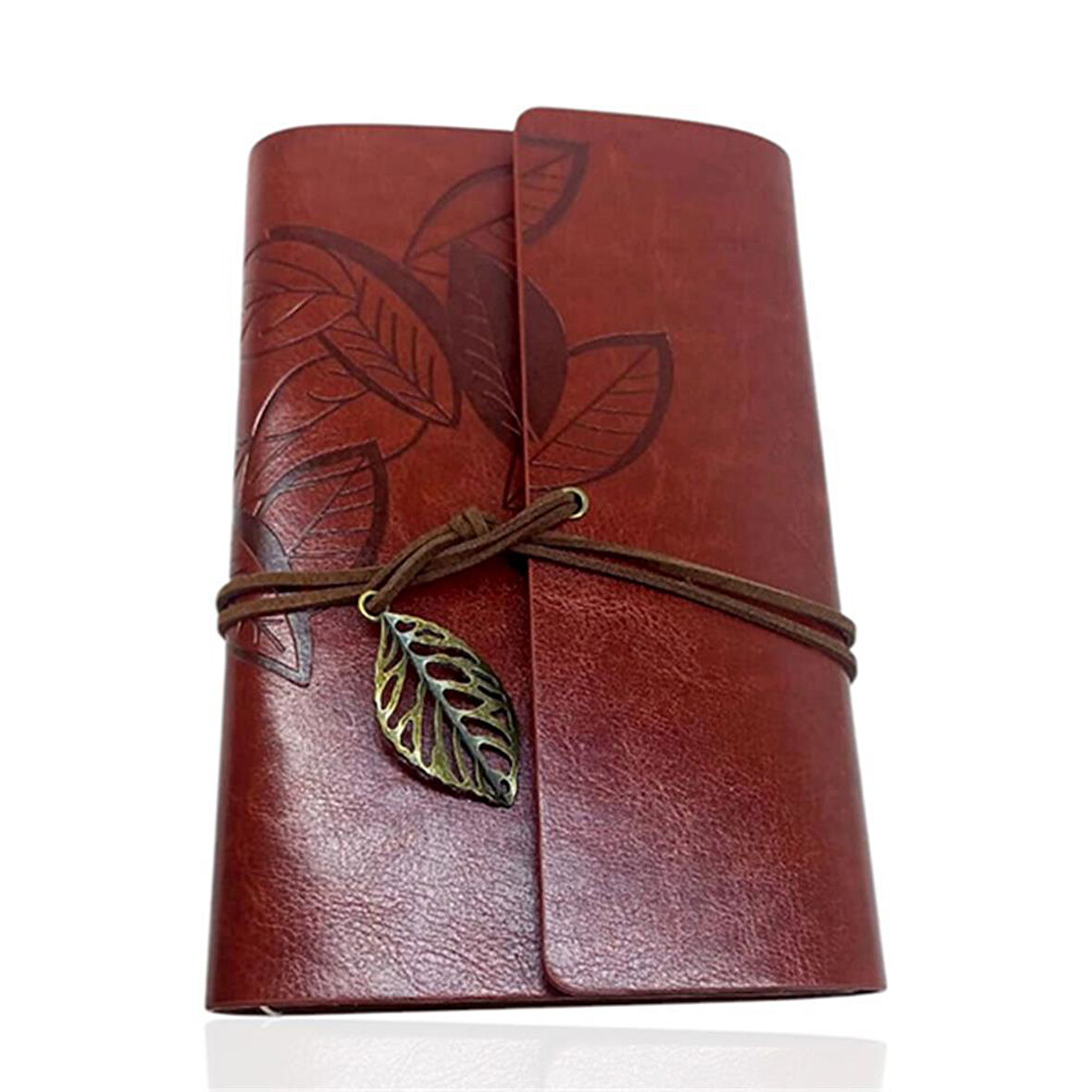 Retro Deri Defter Yaprak Tasarımlı Büyük Boy Kahverengi
