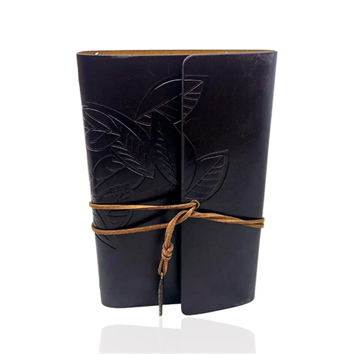 Retro Deri Defter Yaprak Tasarımlı Büyük Boy Koyu Kahverengi