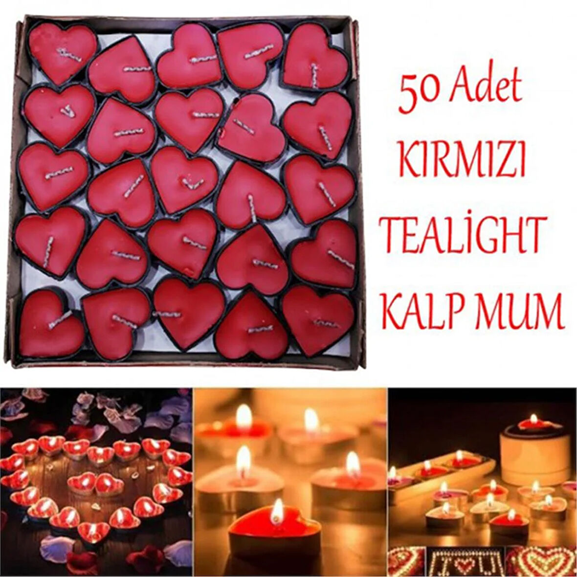 50 Adet Kırmızı Kalp Şeklinde Tealight Mum