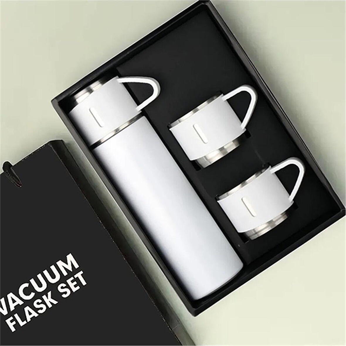 Kişiselleştirilebilir 3 Bardaklı Çelik Termos 05 Lt Beyaz