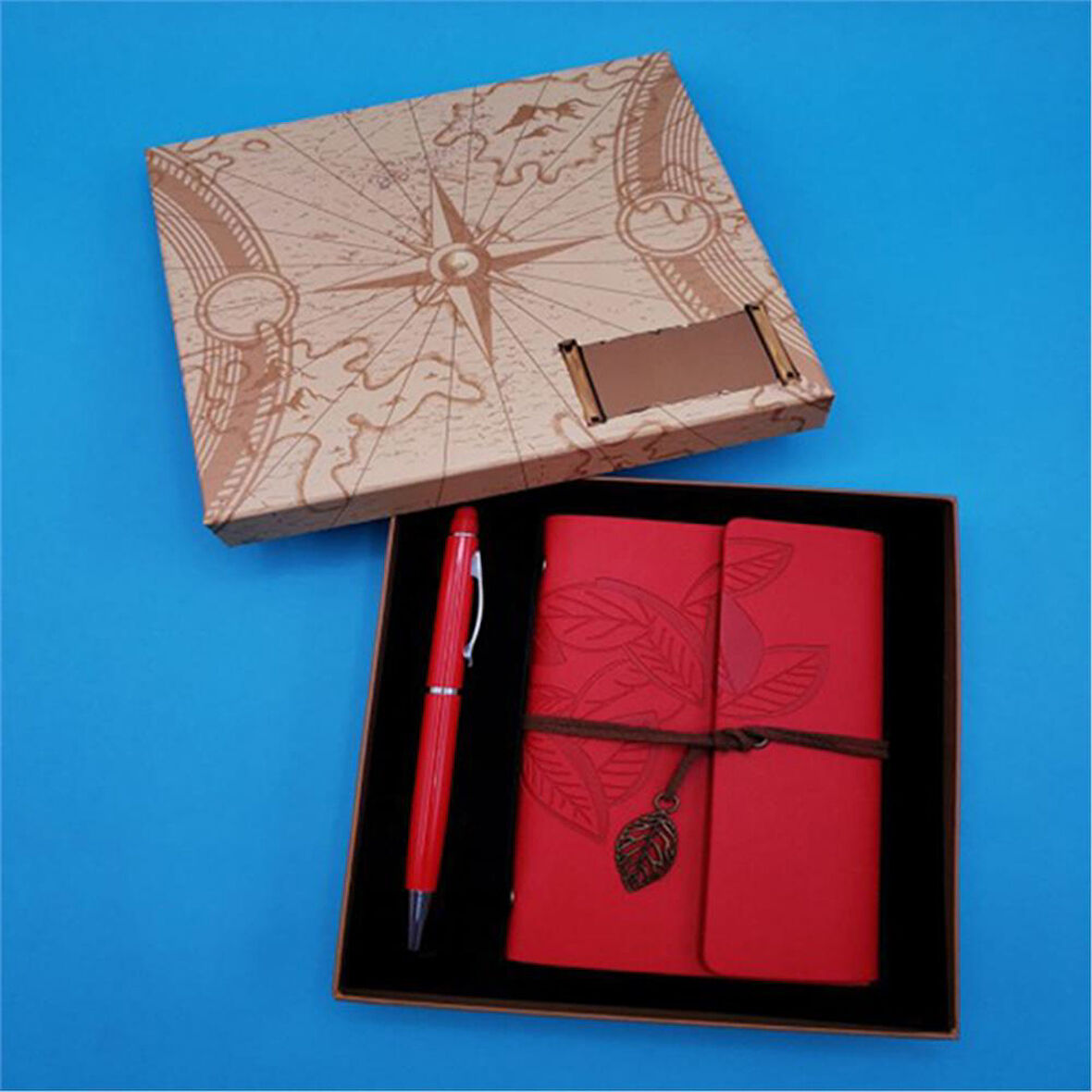 Kişiye Özel Retro Yaprak Defter Kalem Set Kırmızı Pusula Kutulu