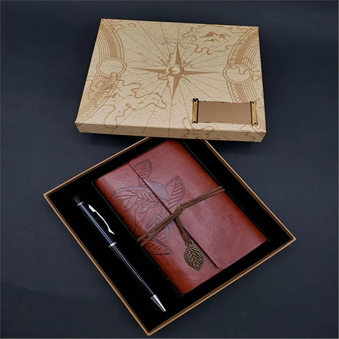 Kişiye Özel Retro Yaprak Defter Kalem Set Kahverengi Pusula Kutulu