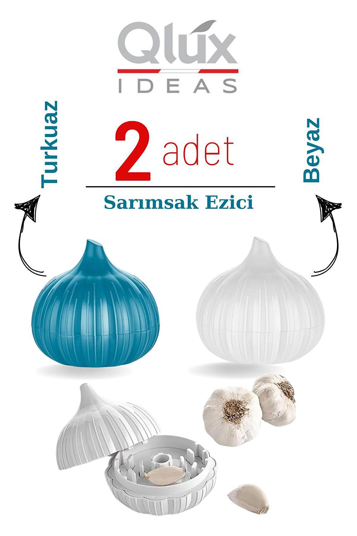 Sarımsak Ezici Set Sarımsak Görünümlü Dizayn Turkuaz Ve Beyaz 2 Li Set