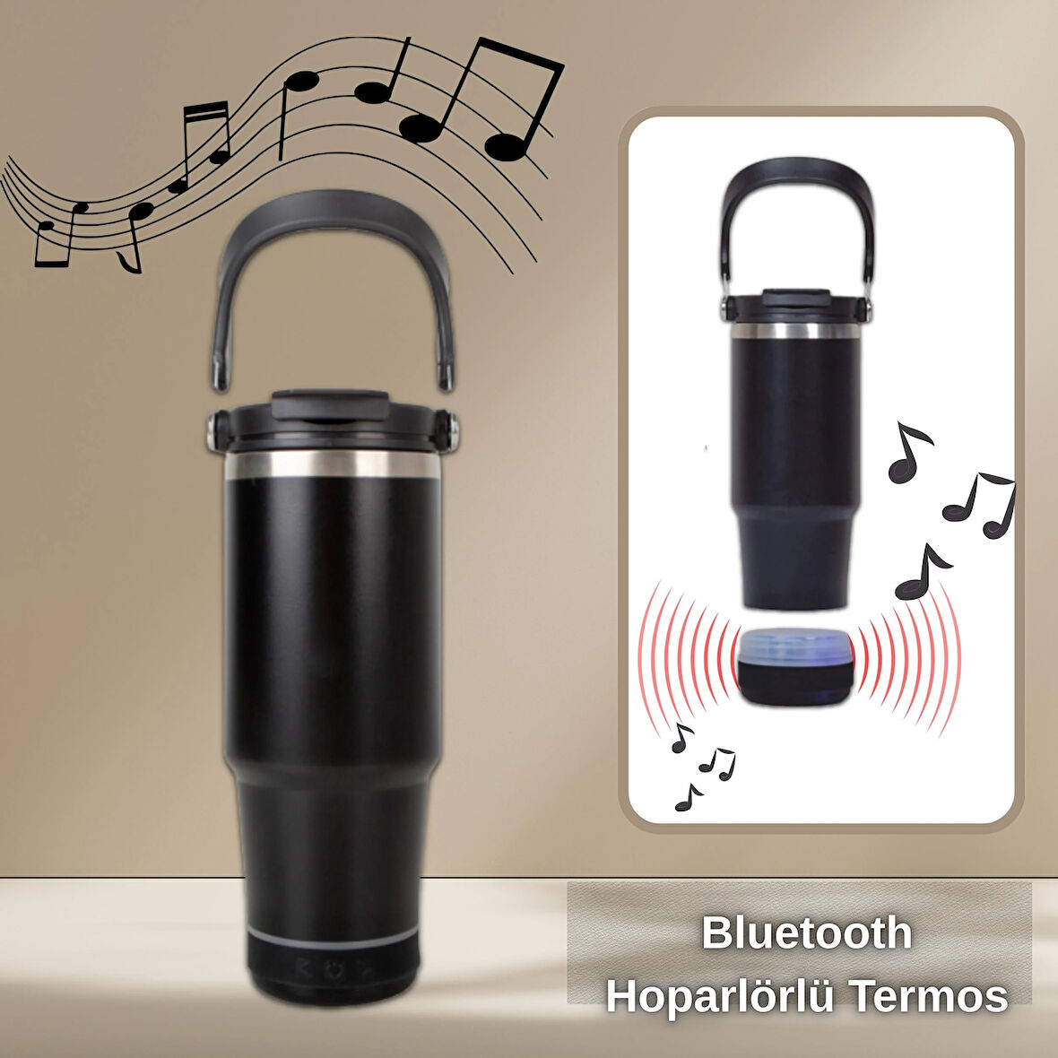 Bluetooth Hoparlörlü Paslanmaz Çelik Termos Bardak 600 ml -Pipetli ,Çift Kullanımlı Kapak