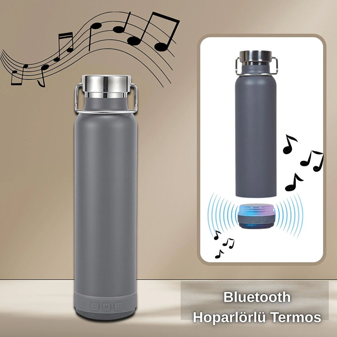 Bluetooth Hoparlörlü Paslanmaz Çelik Termos 600 ml-Çift Katmanlı 