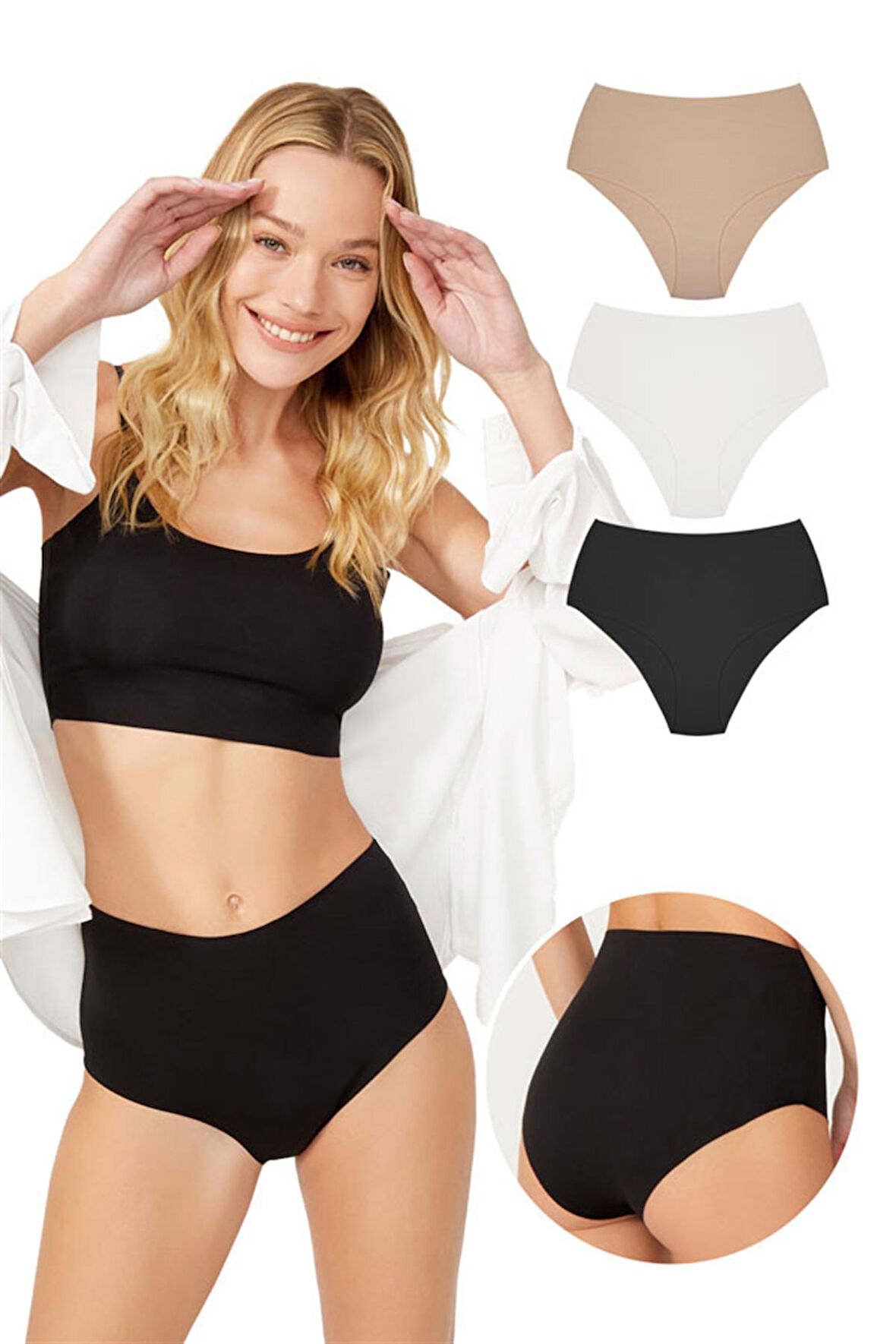 Yüksek Bel Basic Lazer Kesim Bikini Külot 3'lü Paket - 6