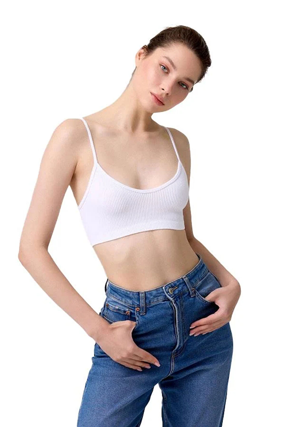 Cottonhill Premium - Kadın Beyaz Seamless İp Askılı Crop Top Büstiyer