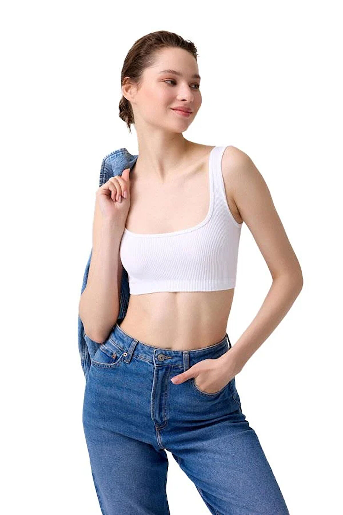 Cottonhill Premium - Kadın Beyaz Seamless Kare Yaka Crop Top Büstiyer