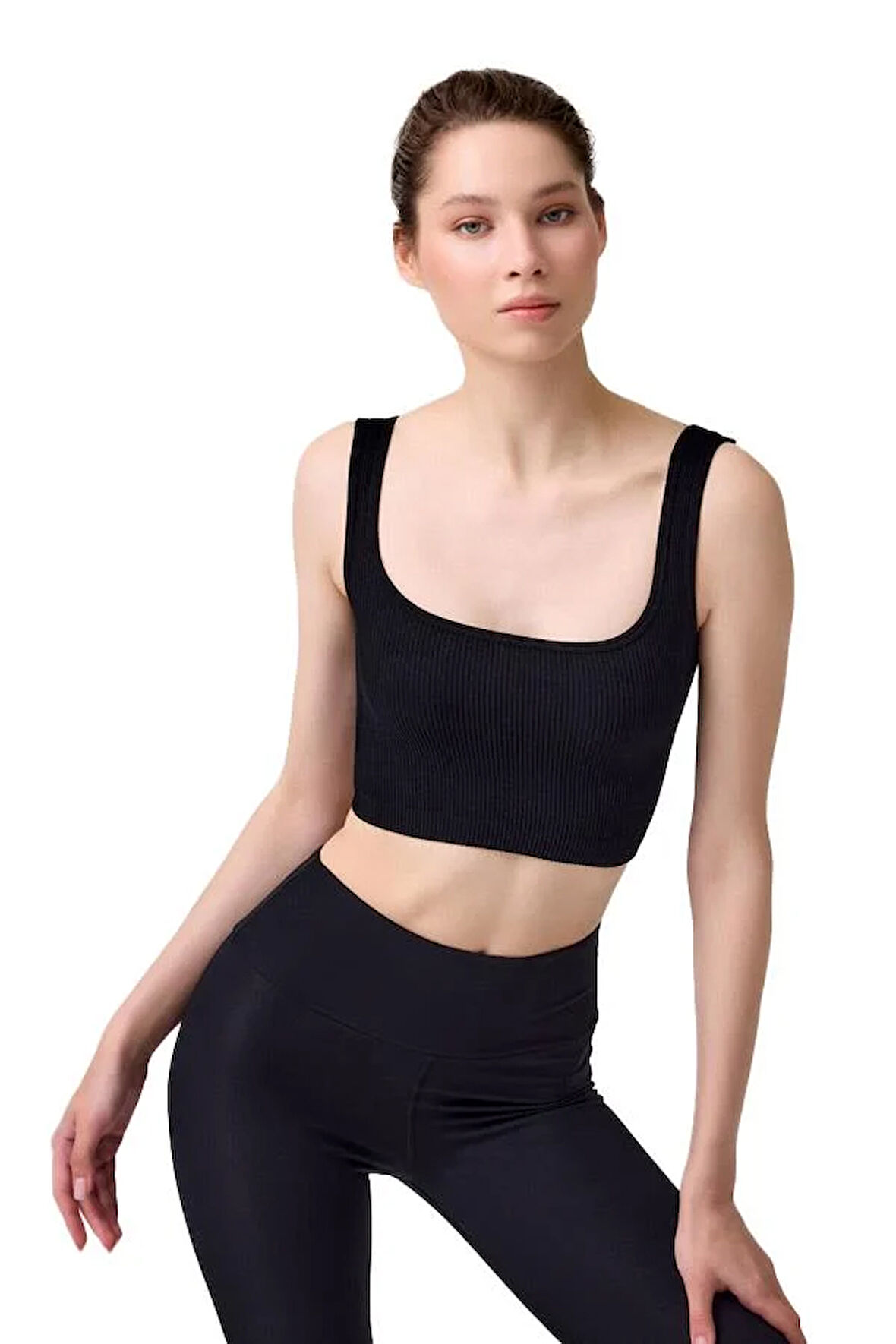 Cottonhill Premium - Kadın Siyah Seamless Orta Boy Kare Yaka Crop Top Büstiyer