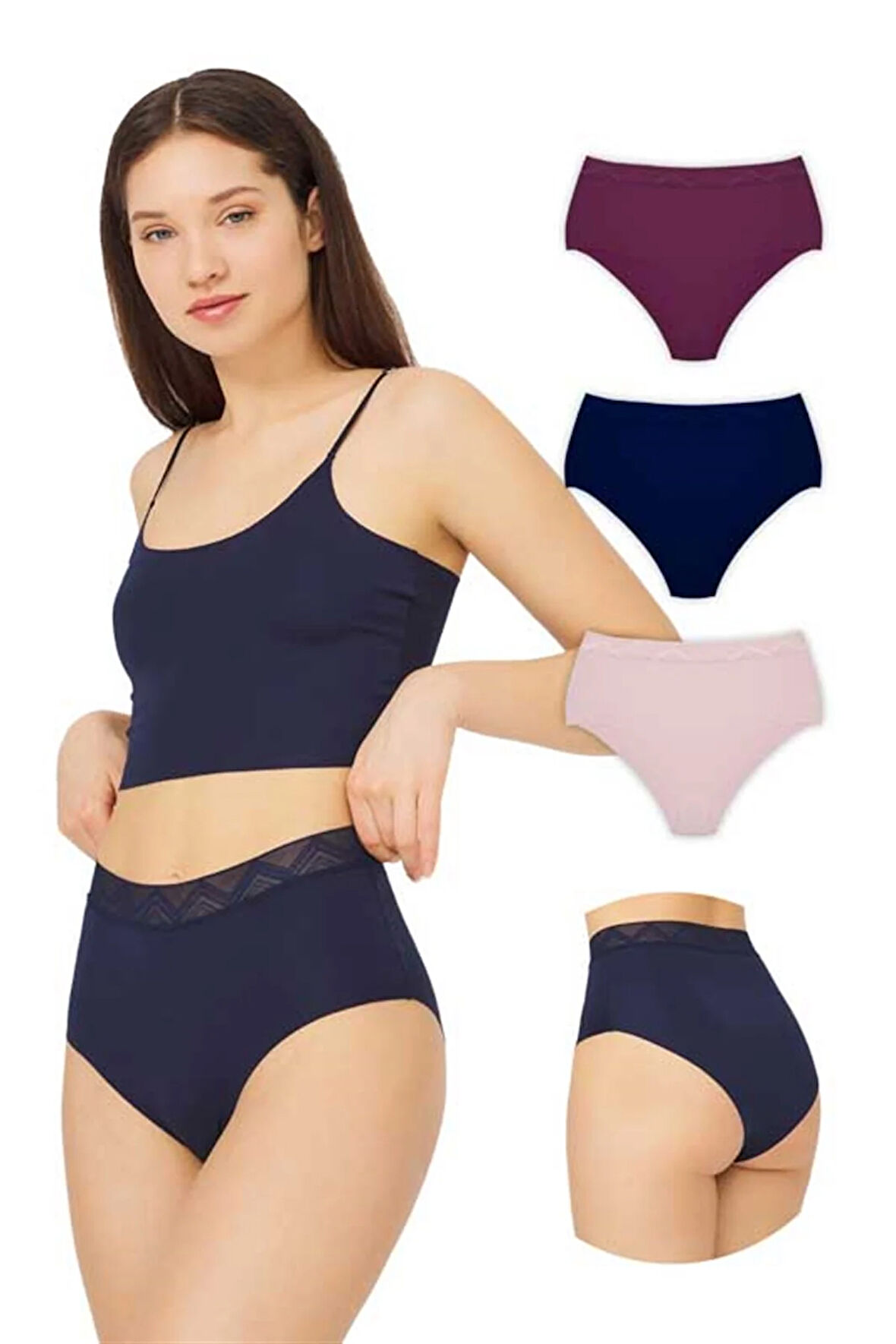 Basic Yüksek Bel Lazer Kesim Bikini Külot 3'lü Paket - 2