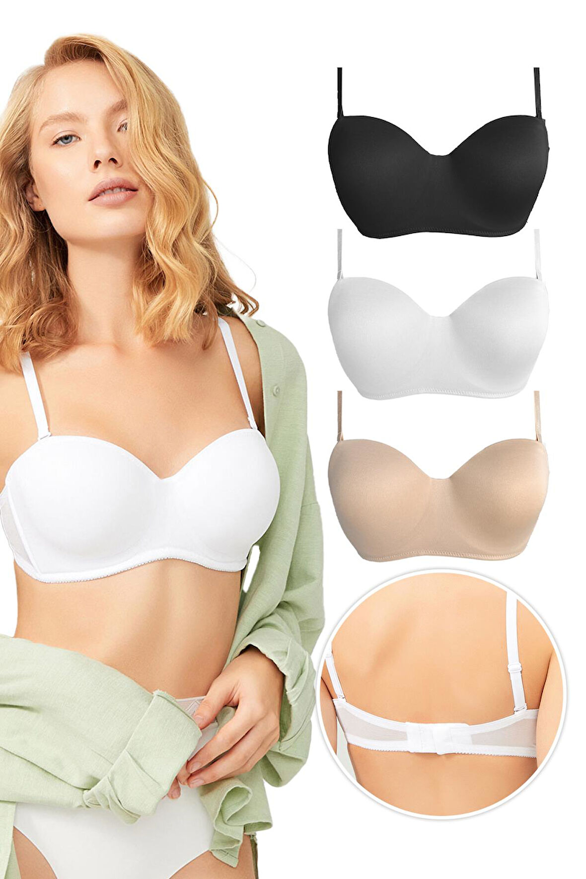 Balenli Toparlayıcı Dolgusuz Straplez Lotus Sütyen 3'lü Paket