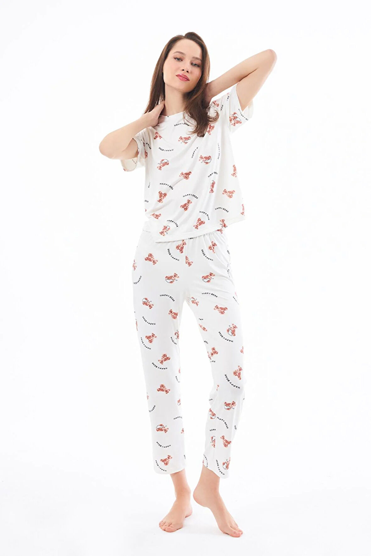 Premium Kadın Pijama Takımı Ayıcık Desenli Yumuşak Dokulu Kısa Kollu Bisiklet Yaka