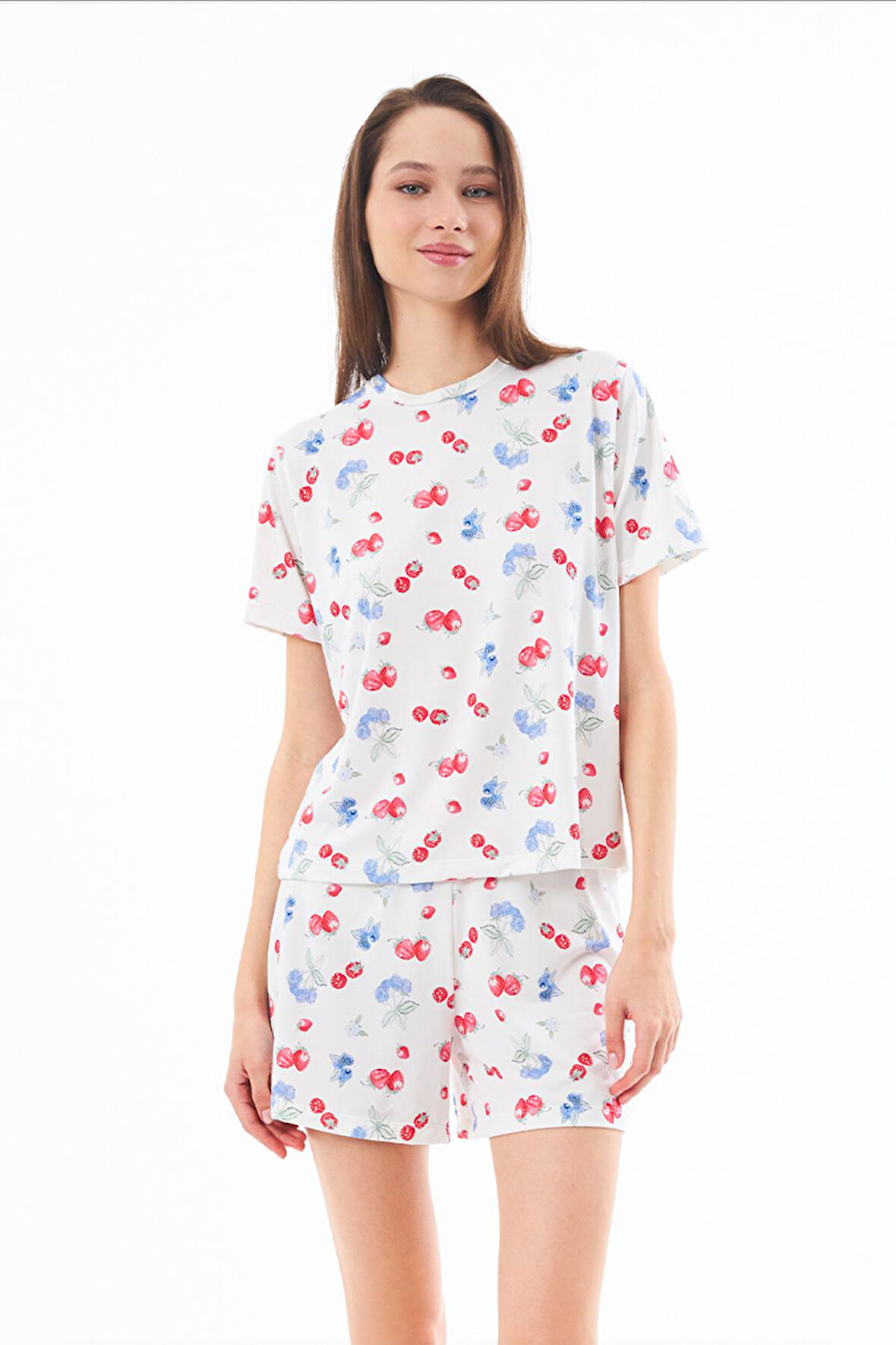 Premium  Yazlık Şortlu Kadın Pijama Takımı Meyve Desenli Yumuşak Dokulu Bisiklet Yaka Kısa Kollu