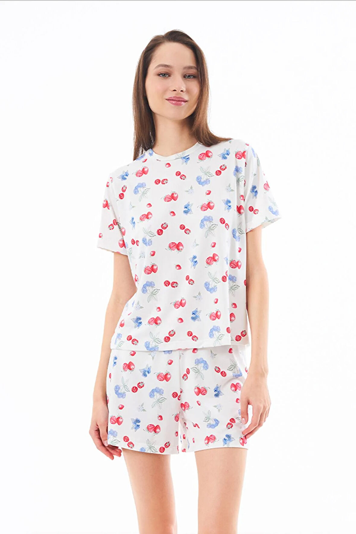 Premium  Yazlık Şortlu Kadın Pijama Takımı Meyve Desenli Yumuşak Dokulu Bisiklet Yaka Kısa Kollu