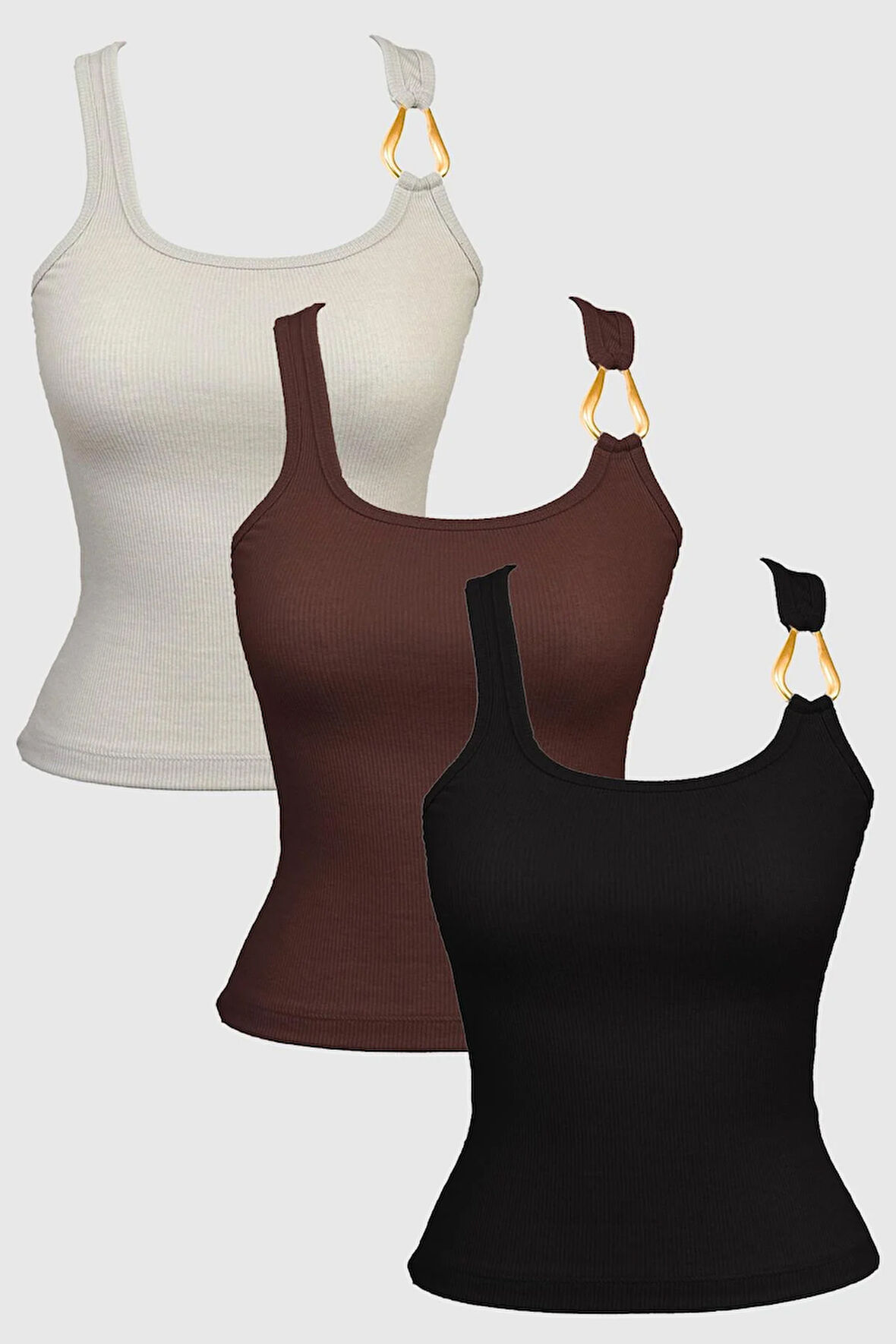 Pamuklu Kalın Askılı Fitilli Toka Detaylı Kadın Atlet 3'lü Paket