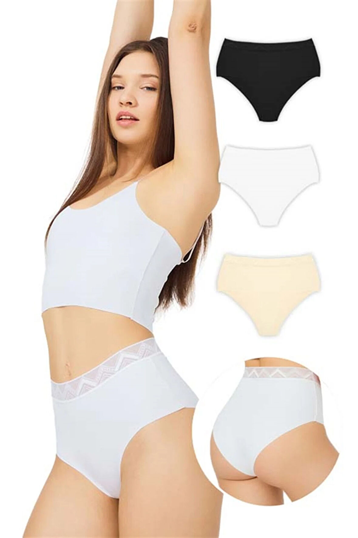 Basic Yüksek Bel Lazer Kesim Bikini Külot 3'lü Paket - 3