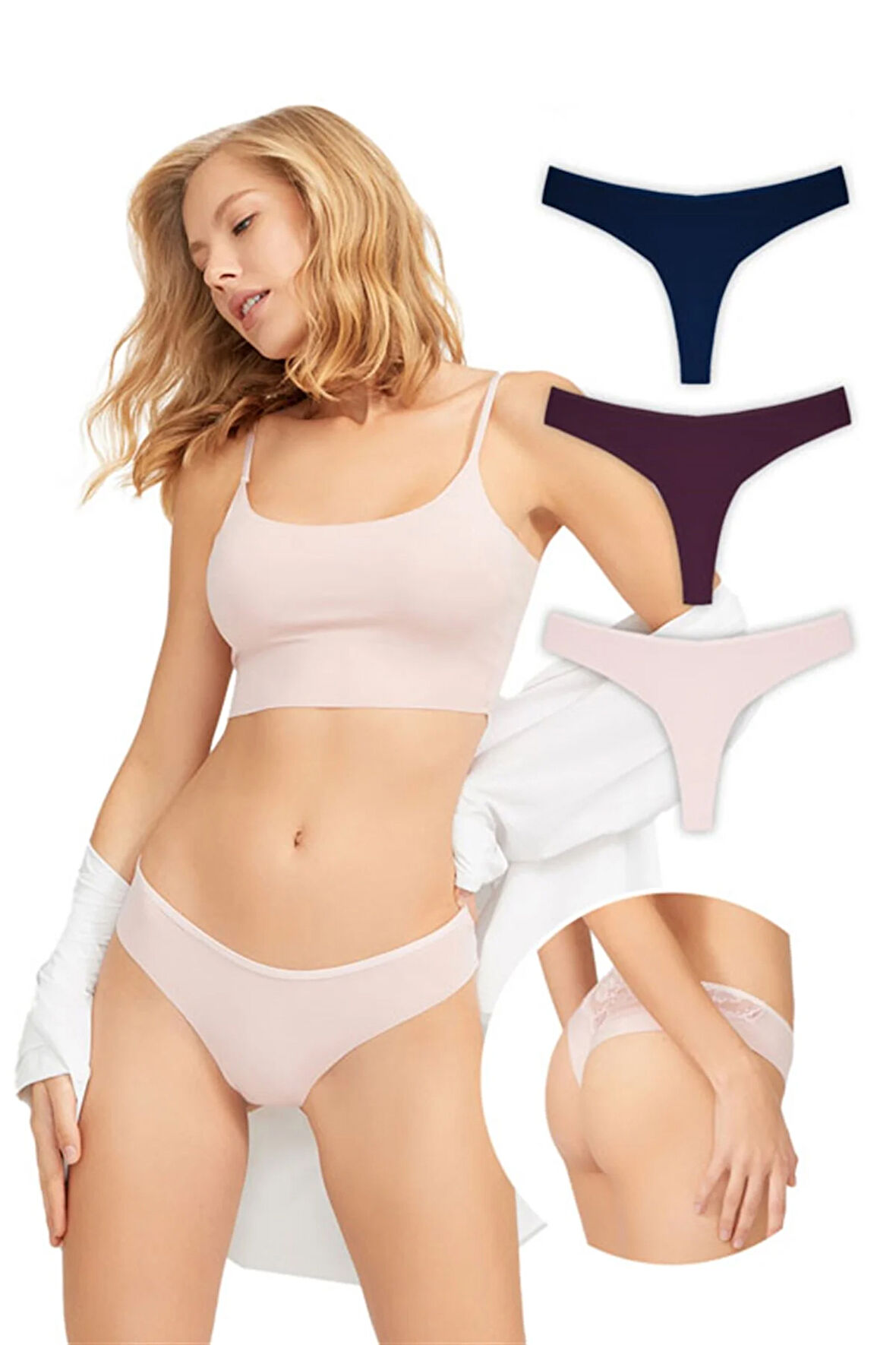 Lazer Kesim Dantel Detaylı Kadın Brezilya 3'lü Paket Külot