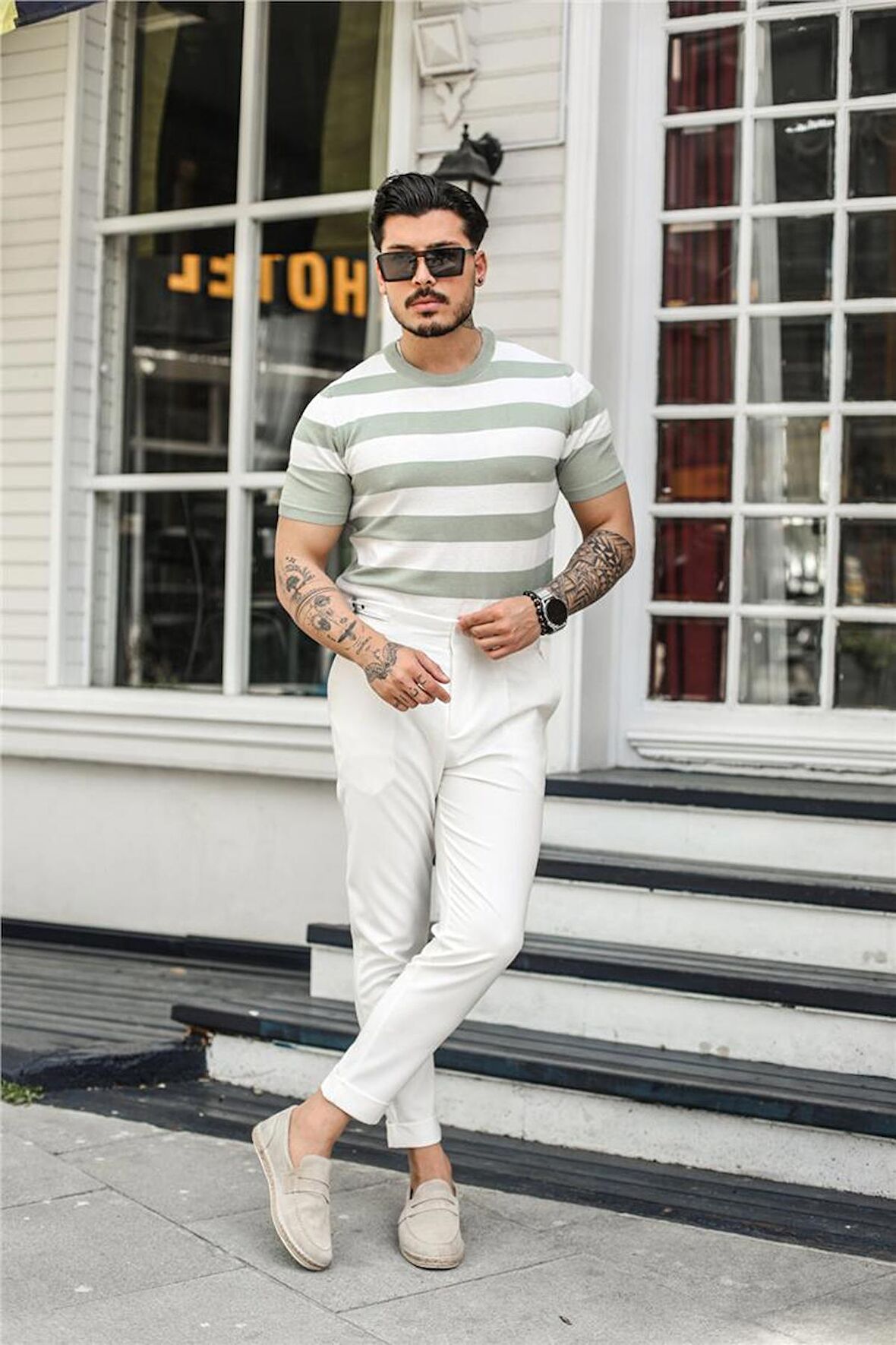 Erkek Yan Çizgili Slim Fit T-Shirt Mint