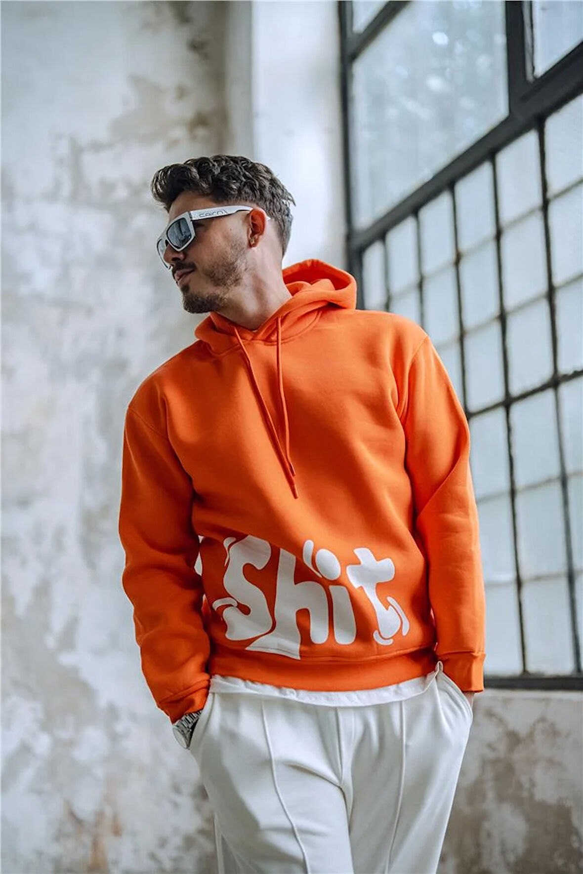 Erkek SHİT Baskılı Oversize Hoodie Turuncu