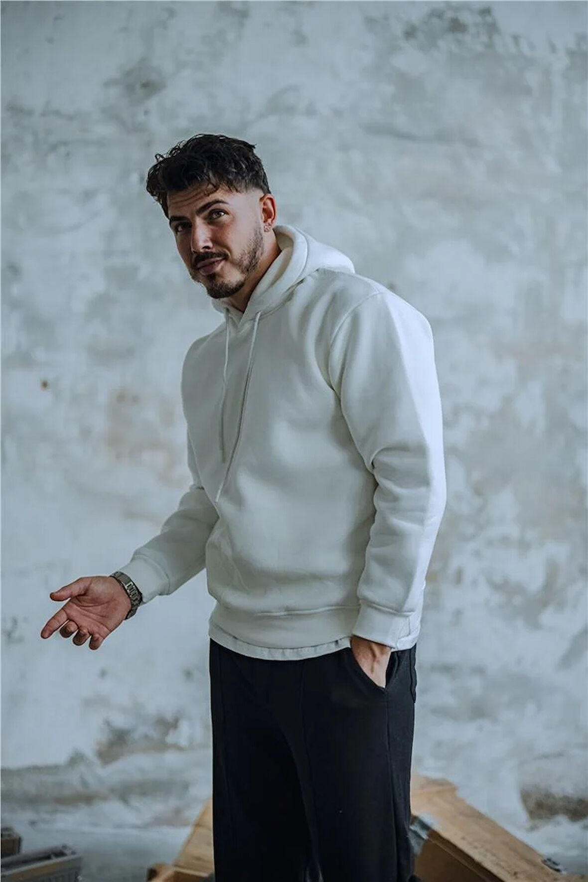 Erkek SHİT Baskılı Oversize Hoodie Beyaz