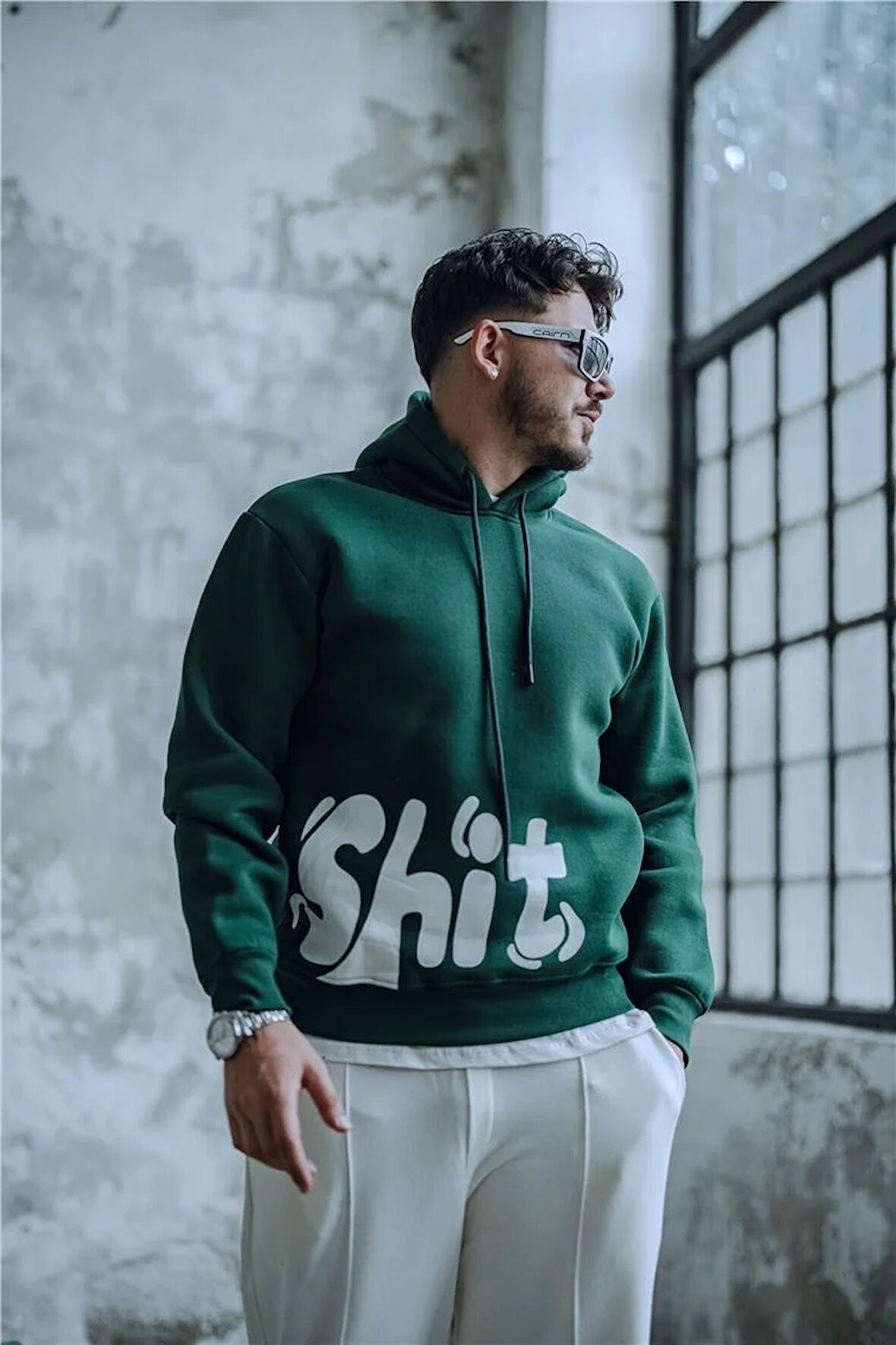 Erkek SHİT Baskılı Oversize Hoodie Koyu Yeşil