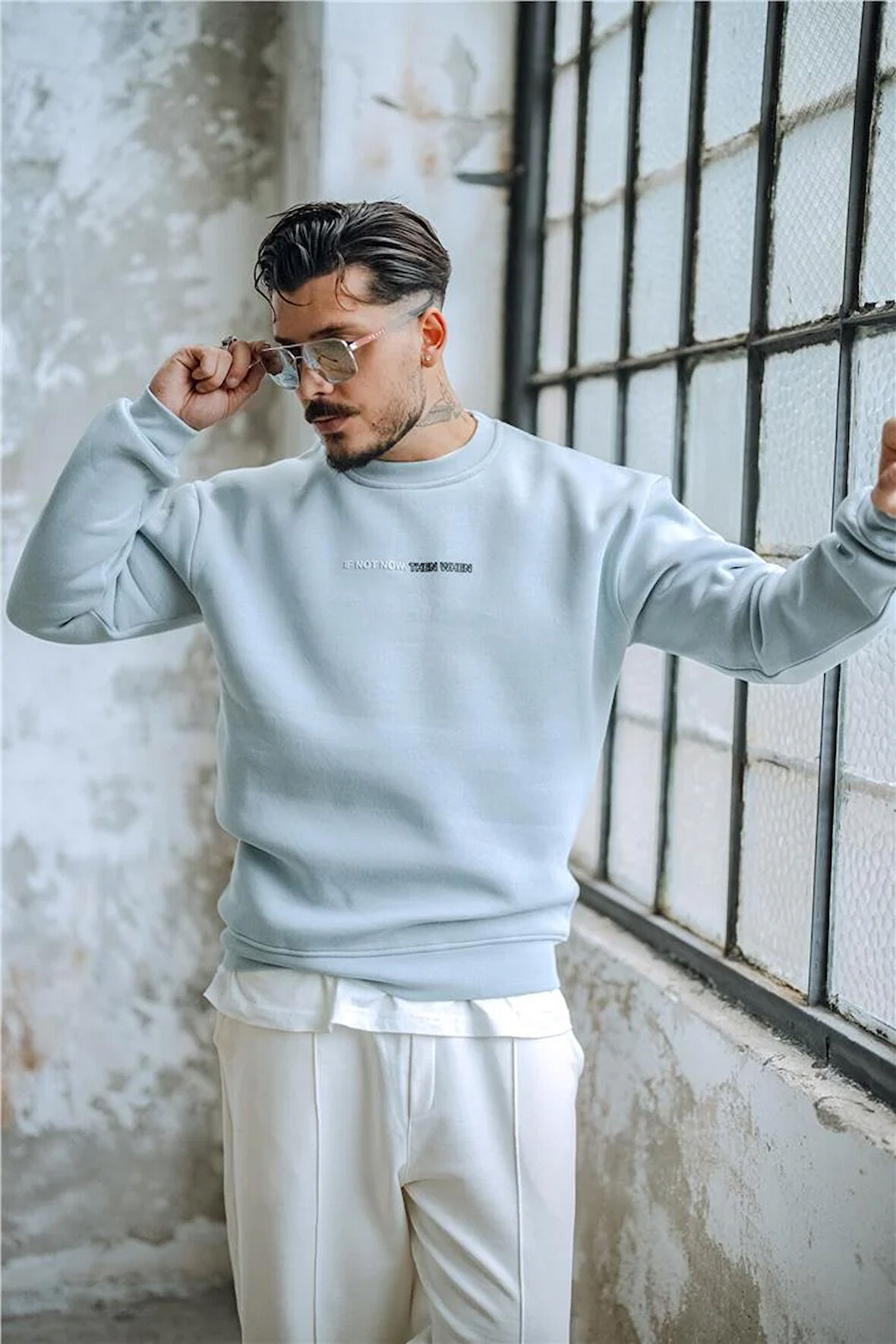 Erkek NEW AGE Baskılı Oversize Sweatshirt Açık Mavi