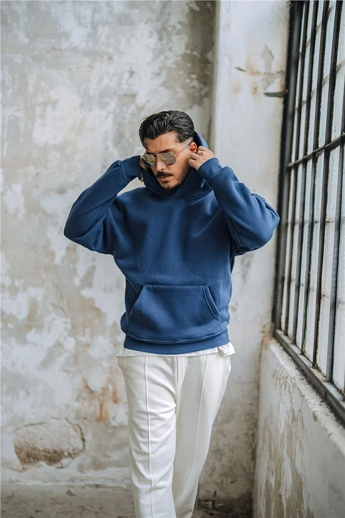 Erkek Basic Kapüşonlu Oversize Hoodie Lacivert