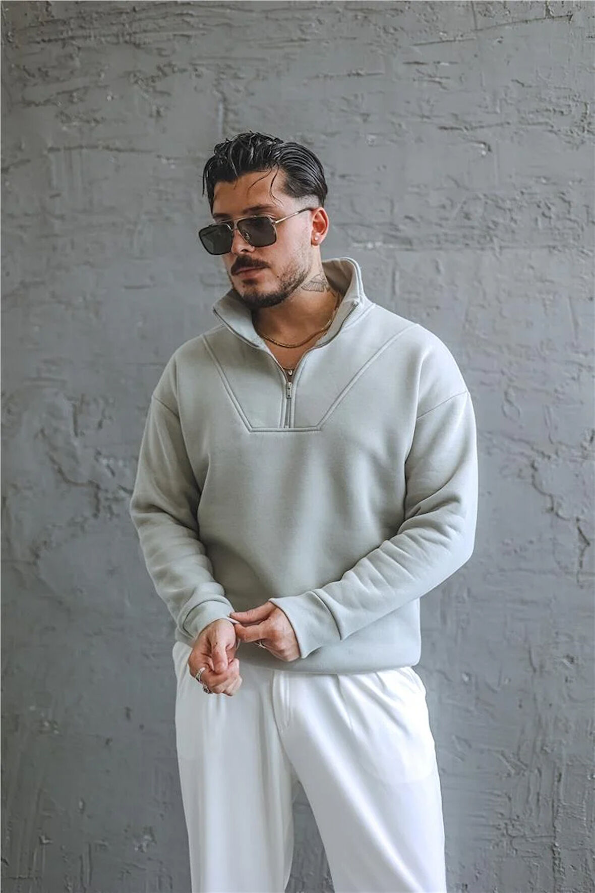 Erkek Şardonlu Yarım Fermuarlı Oversize Sweatshirt Gri