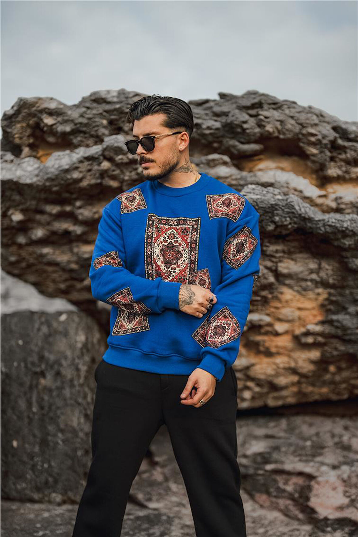 Erkek Kilim Desen Şardonlu Sweatshirt Koyu Mavi