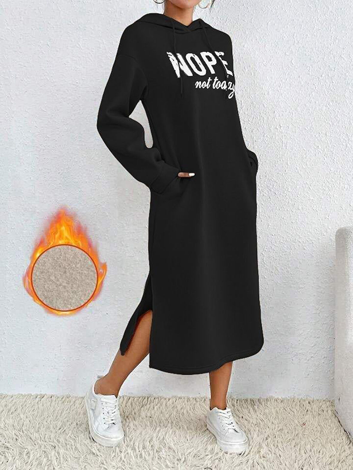 Kadın Uzun Kollu Nope Yazılı Kapüşonlu Yırmaç Detay Midi Boy Elbise
