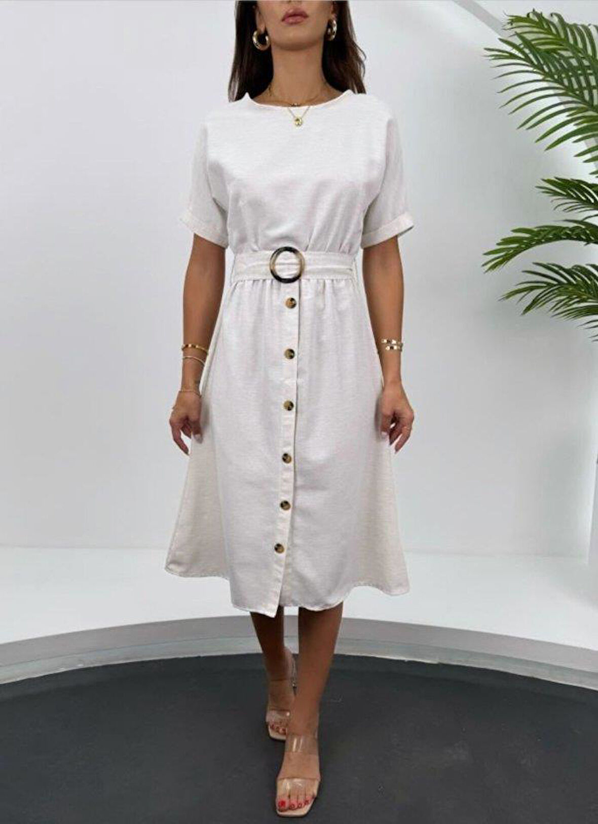 2389 Kemerli Keten Elbise - Ekru