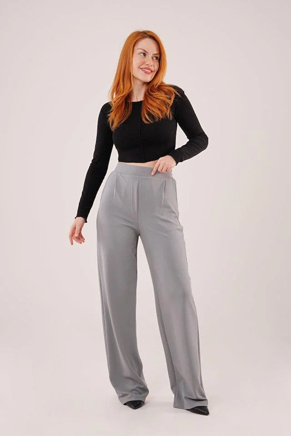 Yüksek Bel Bol Paça Krep Gri Pantolon