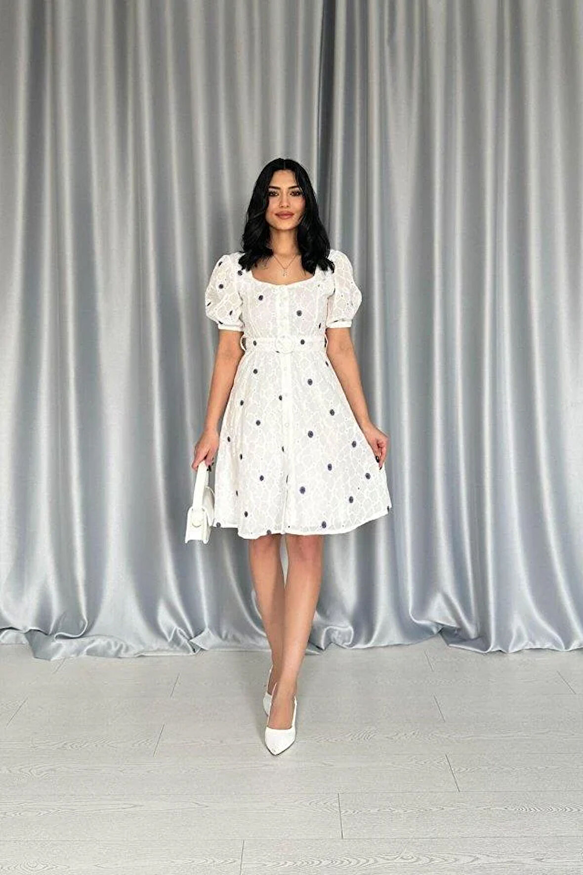 Lila Kemerli Kare Yaka Elbise