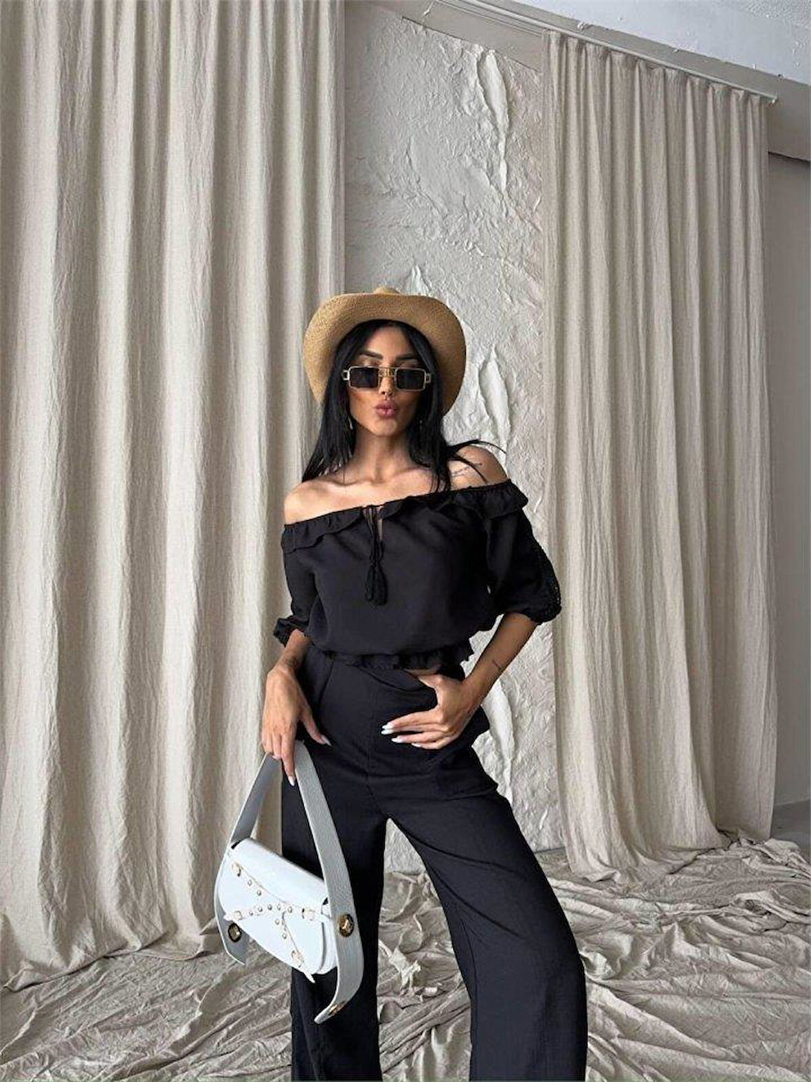 KETEN MADONNA YAKA KOL HASIR ŞERİT - PANTOLON TAKIM - Siyah