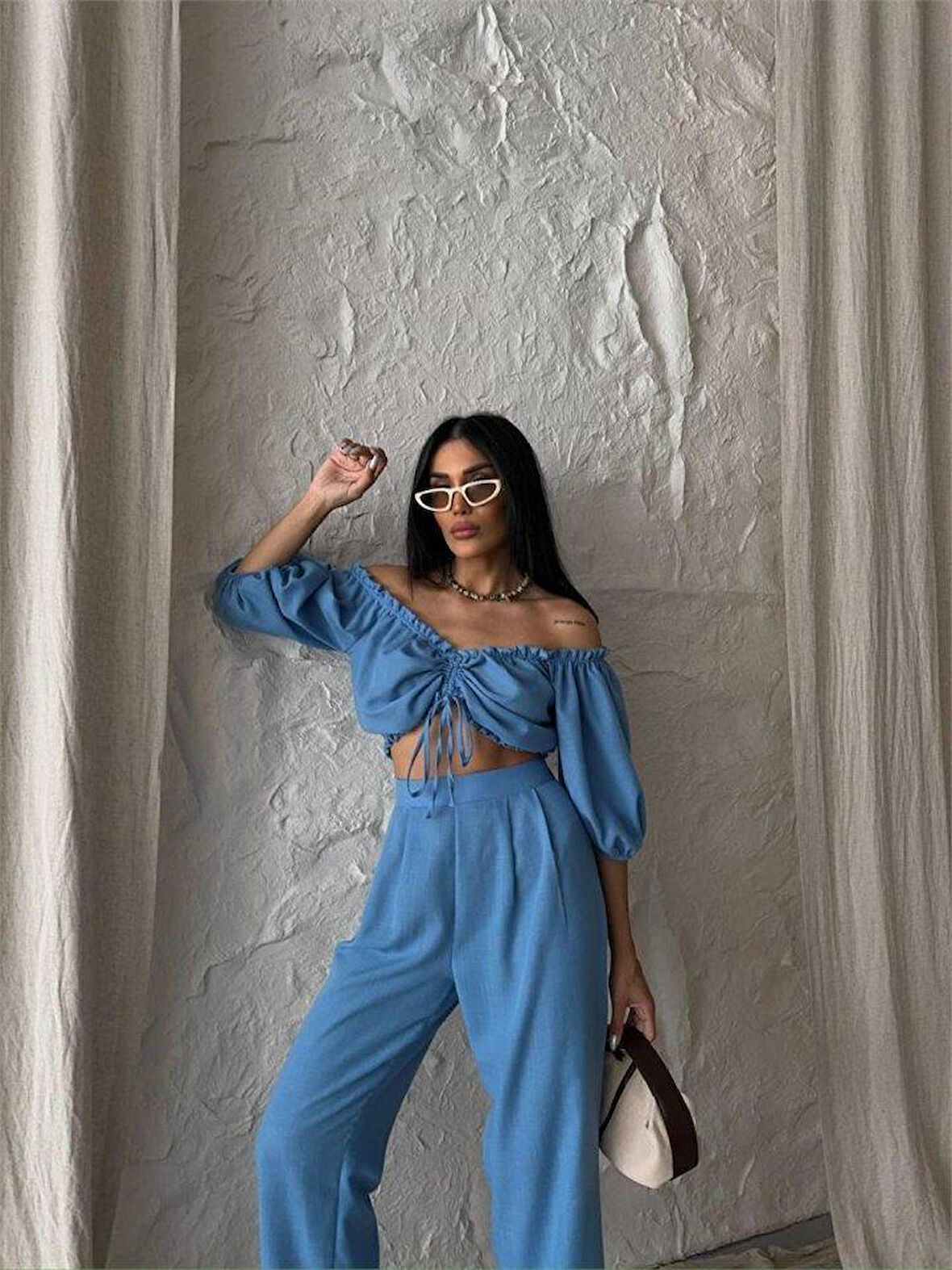 KETEN CROP BLUZ BÜZGÜ YAKA + PANTOLON TAKIM - Mavi