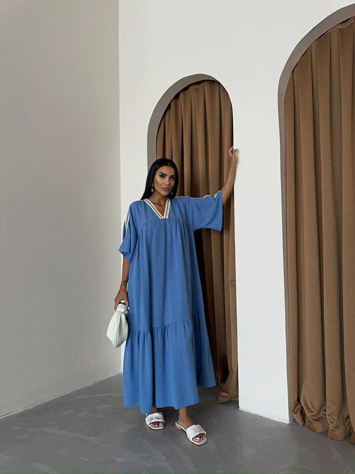 YAKA-KOL HASIR BİYE ŞERİTLİ KETEN SALAŞ ELBİSE - Mavi