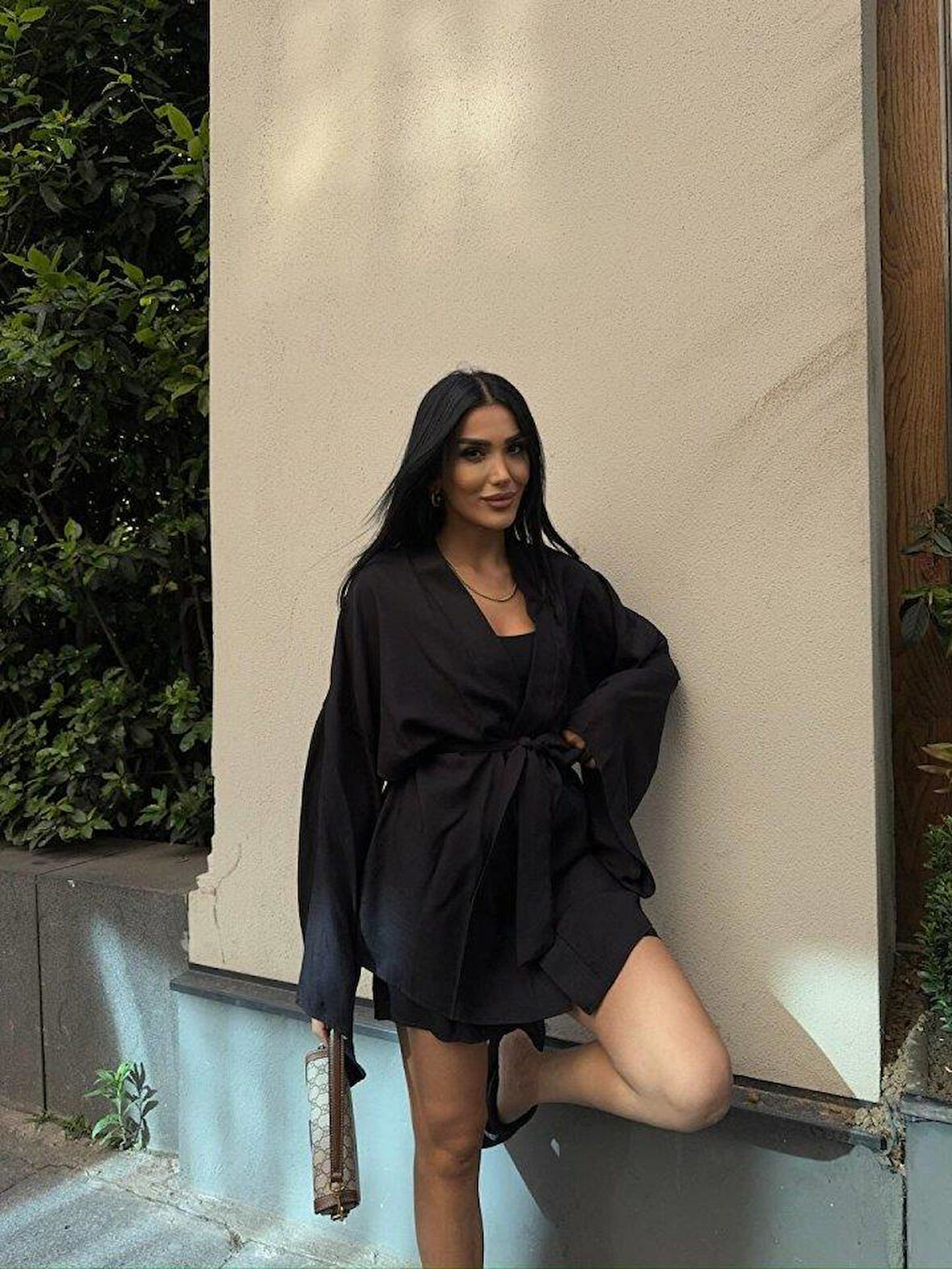 KETEN KİMONO - ŞORT TAKIM - Siyah