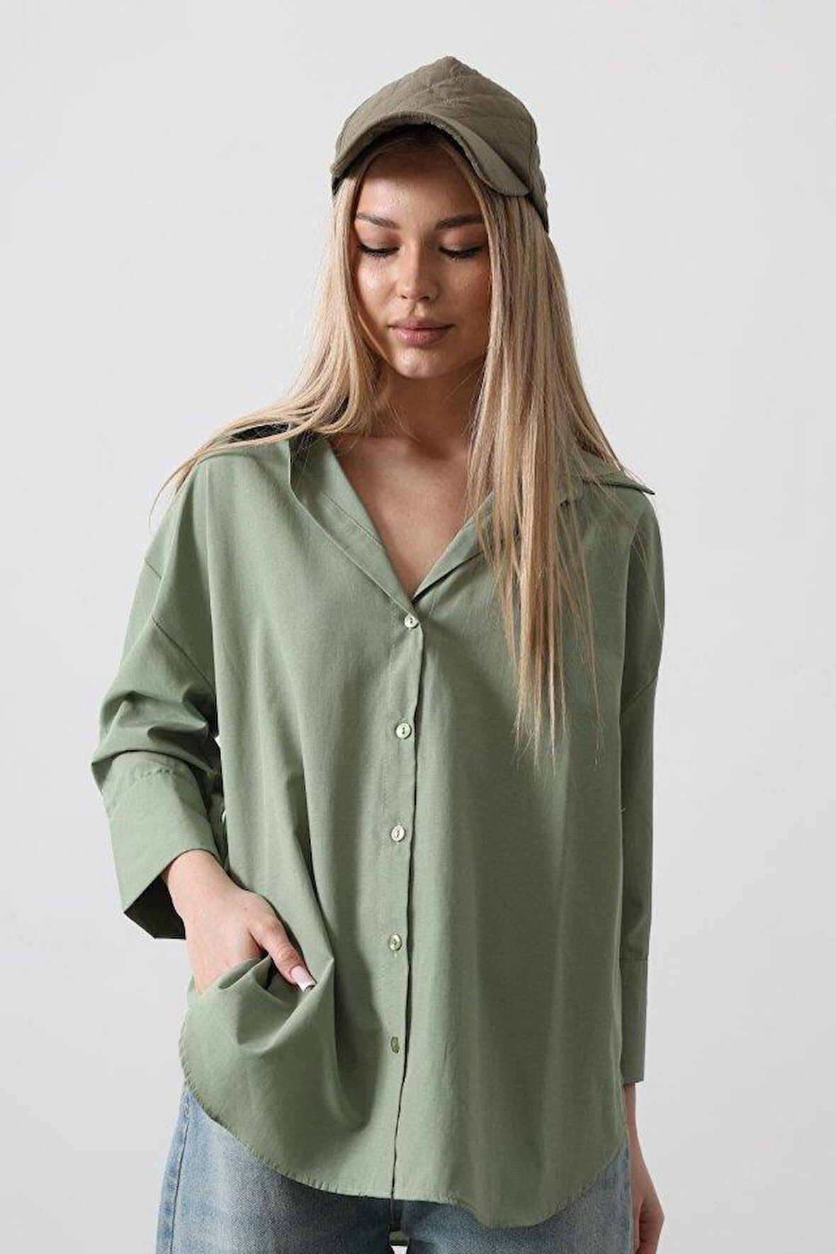 Yarım Manşet Uzun Gömlek - Haki