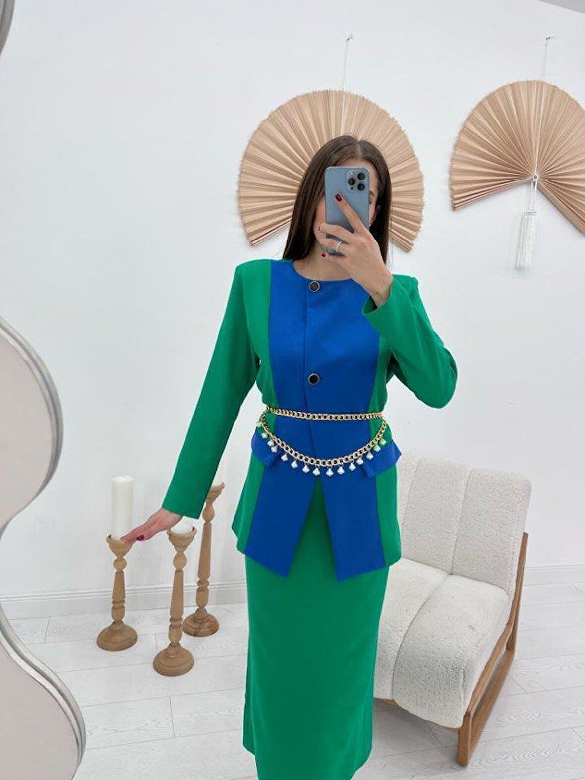 Yeşil Atlas Kumaş Garnili Ceket Ve Etek Takım